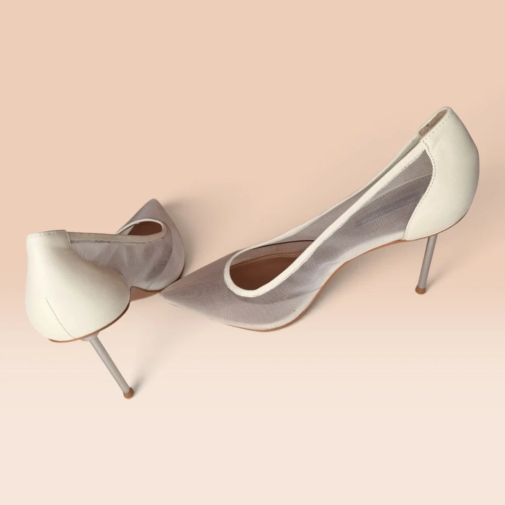 BCBGMAXAZRIA Maxxa Mesh Leather Optic White Pointed Toe Stiletto Heels 8M/39 NWB